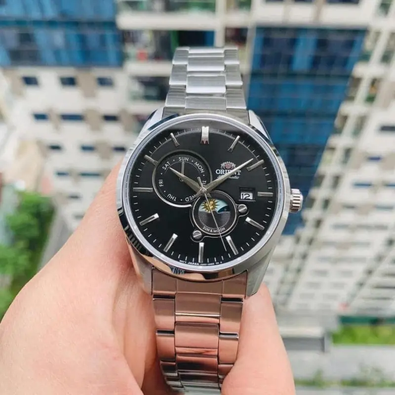 Orient Moon Phase Black Dial Silver Stainless Steel Strap Unisex Watch Ra-Ak0307b10b 2