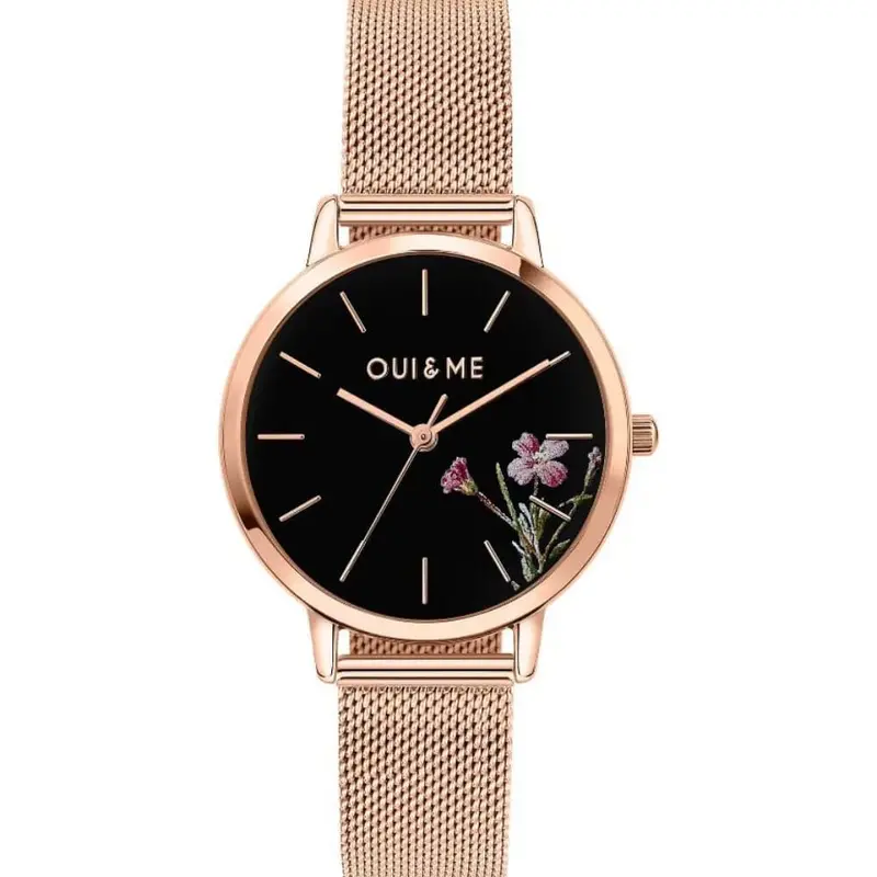 Oui & Me Black Floral Dial Rose Gold Milanese Strap Women Watch Me010374 1