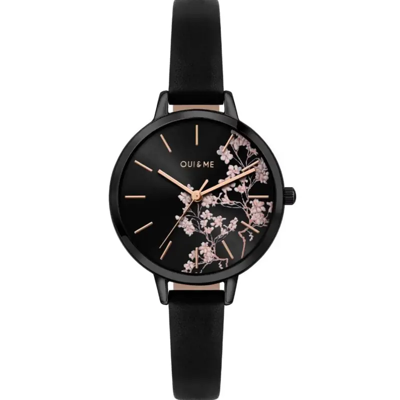 Oui & Me Floral Black Dial Leather Strap Women Watch Me010257 1