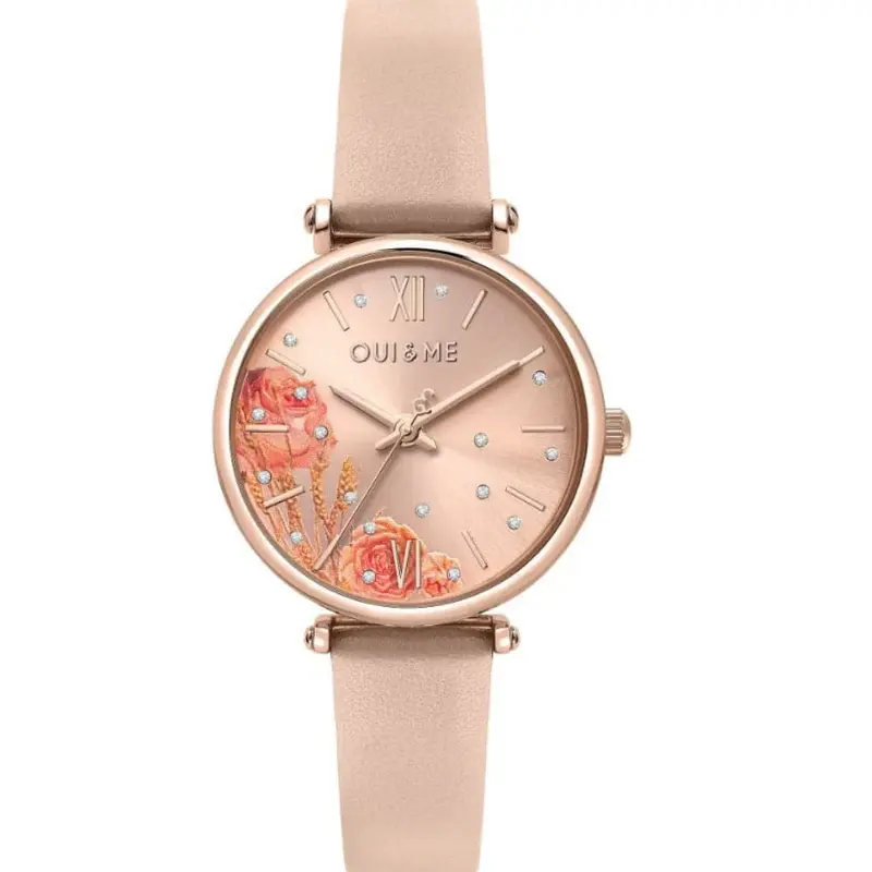Oui & Me Pink Floral Dial Leather Strap Women Watch Me010336 1