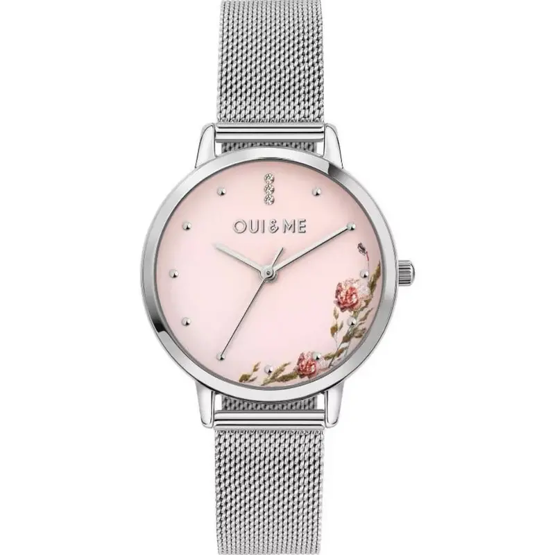 Oui & Me Pink Floral Dial Silver Milanese Strap Women Watch Me010376 1