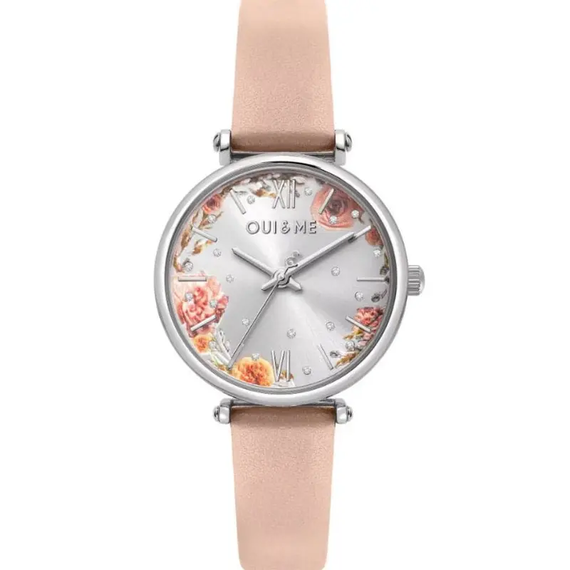 Oui & Me Silver Floral Dial Pink Leather Strap Women Watch Me010338 1