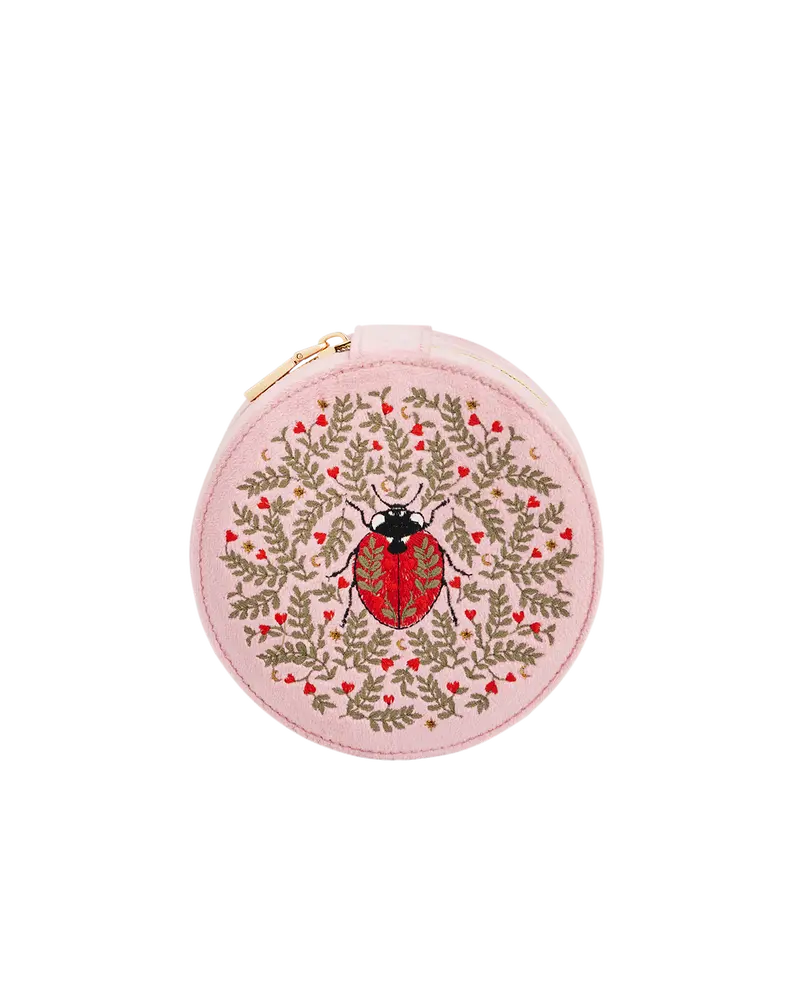 Pink Ladybird Velvet Embroidered Circle Jewellery Box 1