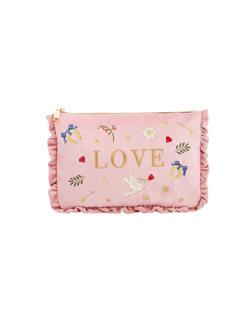 Pink Love Velvet Embroidered Pouch 1
