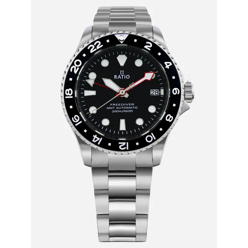 Ratio Freediver Gmt Black Dial Silver Stainless Steel Strap Men's Watch Rtf051 1
