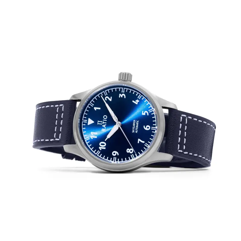Ratio Skysurfer Pilot Blue Sunray Dial Leather Automatic Rts302 200M Men's Watch 2