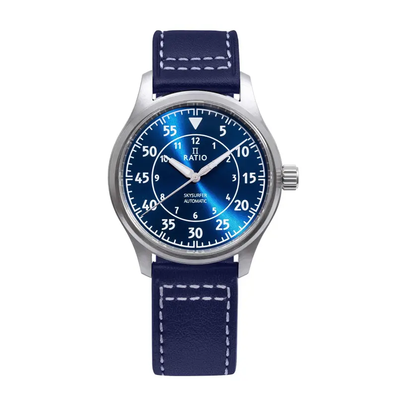 Ratio Skysurfer Pilot Blue Sunray Dial Leather Automatic Rts318 200M Men's Watch 1
