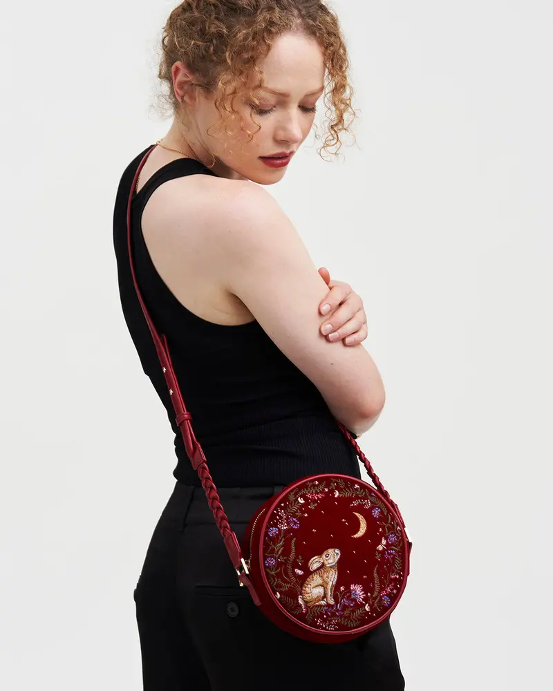 Red Star Gazing Rabbit Embroidered Circle Bag 2