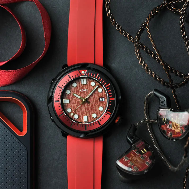 Red Tidal - Cwh Special Custom Automatic Red Rubber Strap Men's Diver Watch Ch-Mod-M29 1