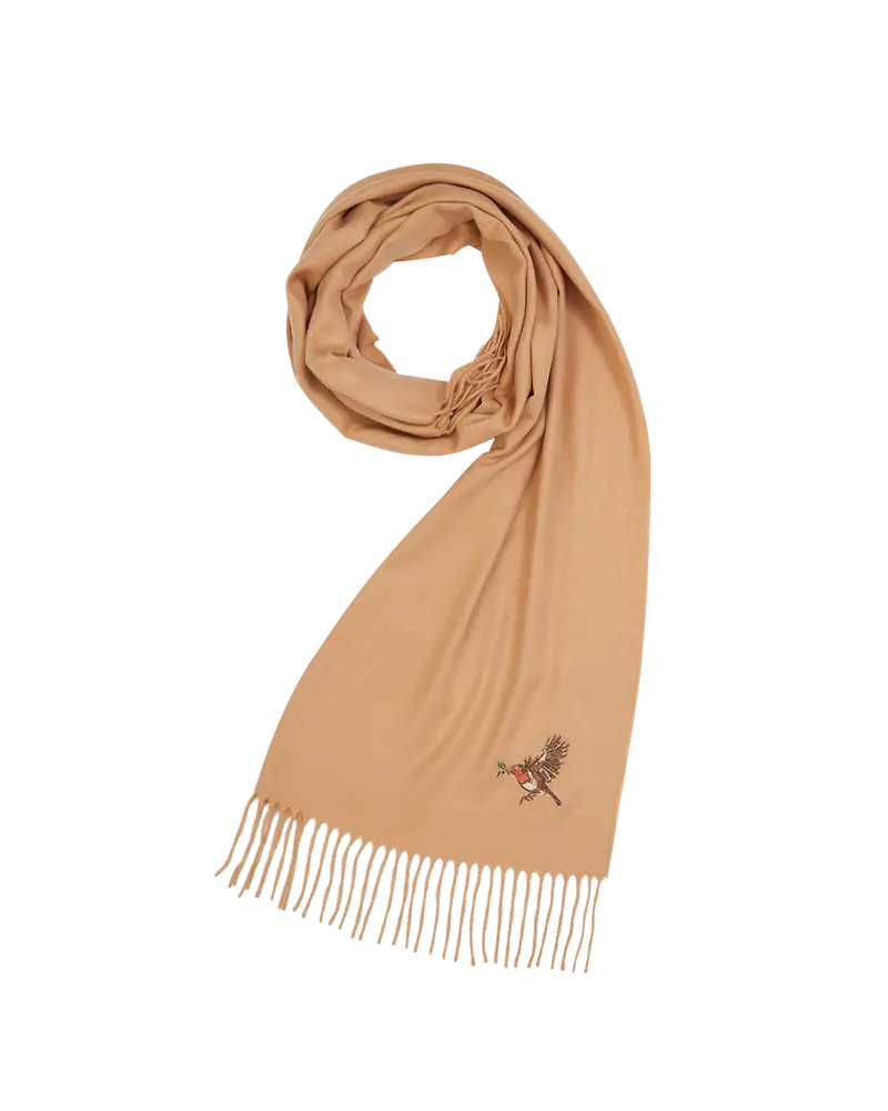 Robin Embroidered Cosy Camel Scarf 1