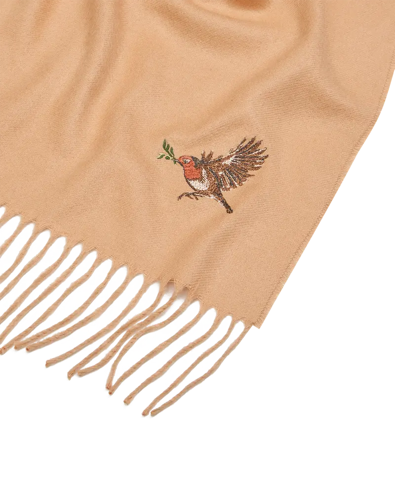 Robin Embroidered Cosy Camel Scarf 2