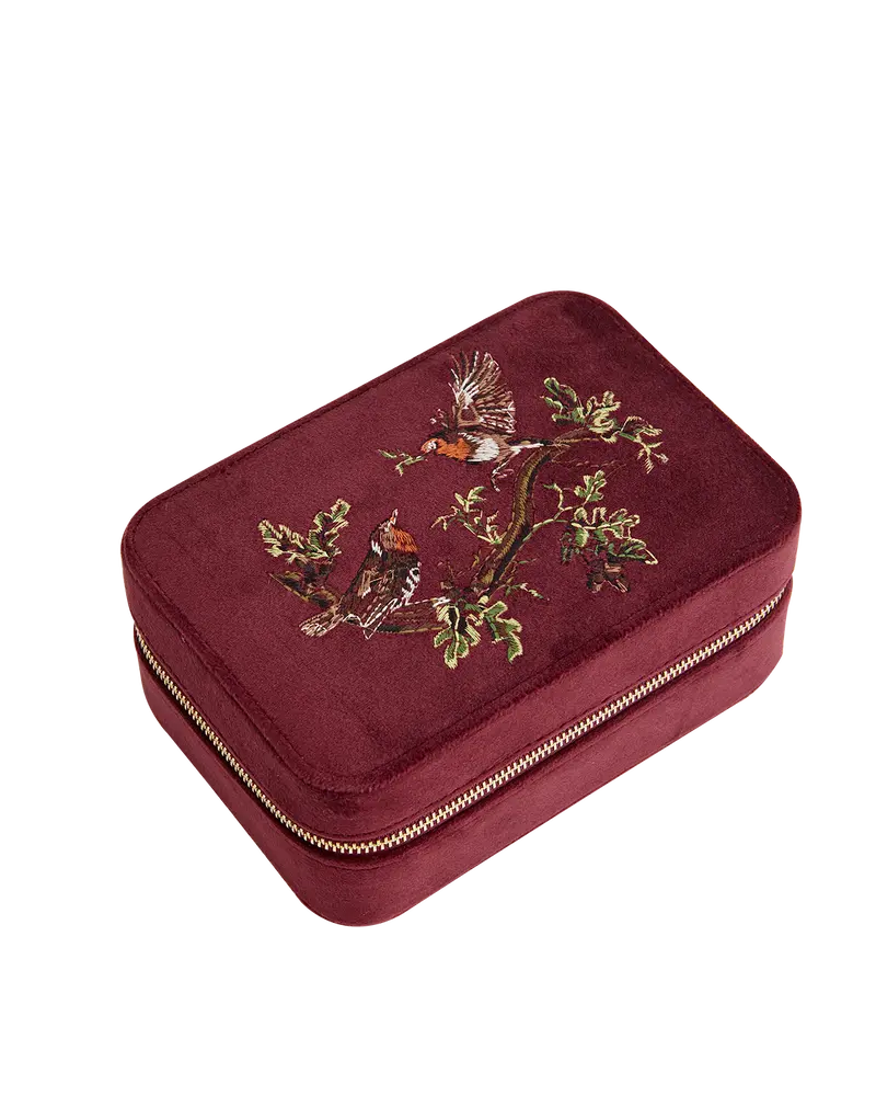 Robin Love Embroidered Large Jewellery Box Redcurrant Velvet 1