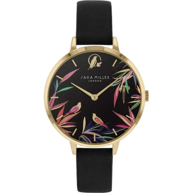 Sara Miller Bamboo Bird Garden Black Leather Strap Women's Watch Sa2090 1