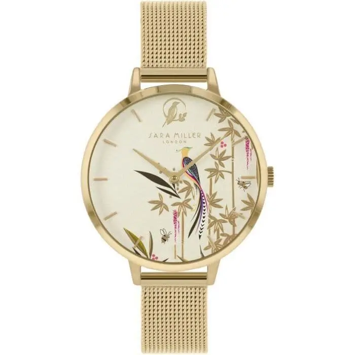 Sara Miller Bamboo Garden Ladies Pale Gold Stainless Steel Mesh Strap Avery Forest Bird Pale Gold Dial Watch Sa4072 1