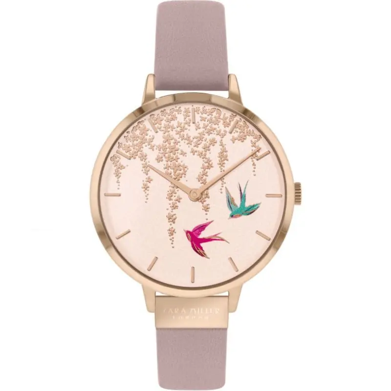 Sara Miller Blossom Ladies Dusky Pink Leather Strap Flying Birds Women's Watch Sa2060 1