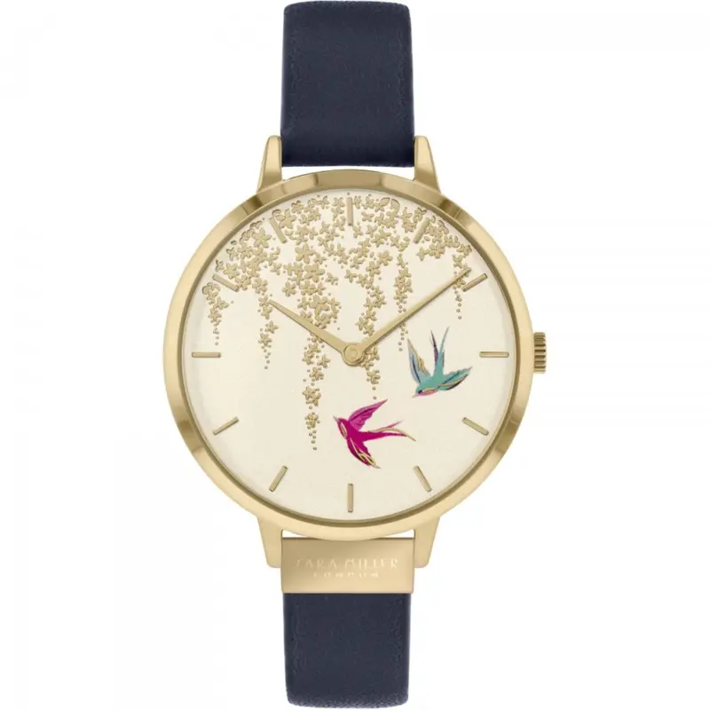 Sara Miller Blossom Ladies Navy Leather Strap Flying Birds Women's Watch Sa2062 1
