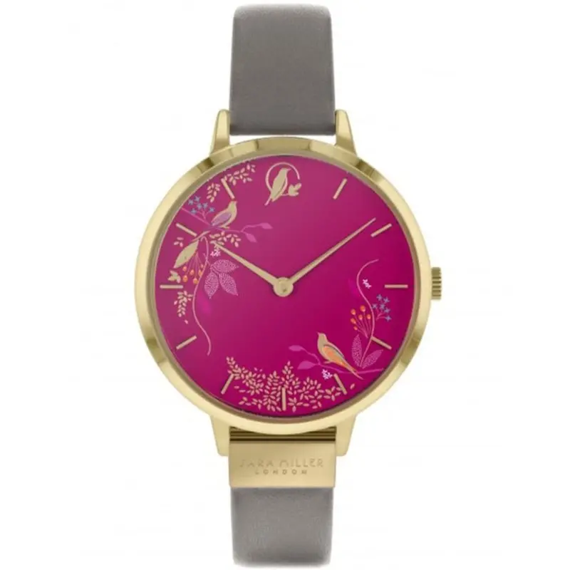 Sara Miller Chelsea Pink Birds Pink Dial Grey Leather Women's Watch Sa2016 1