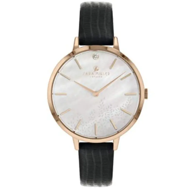 Sara Miller Diamond Mother Of Pearl Dial Black Leather Strap Watch Sa2052 1
