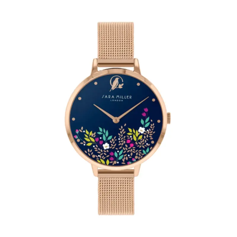 Sara Miller Floral - Blue Dial Rose Gold Mesh Strap Women's Watch Sa4084 1
