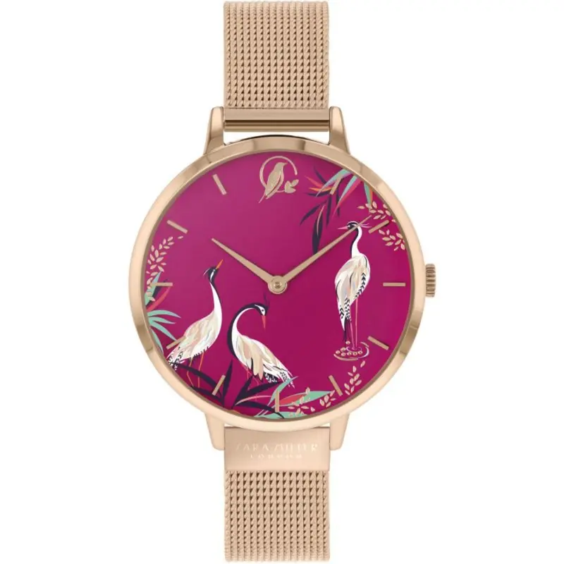 Sara Miller Heron Pink Dial Rose Gold Mesh Strap Women's Watch Sa4066 1