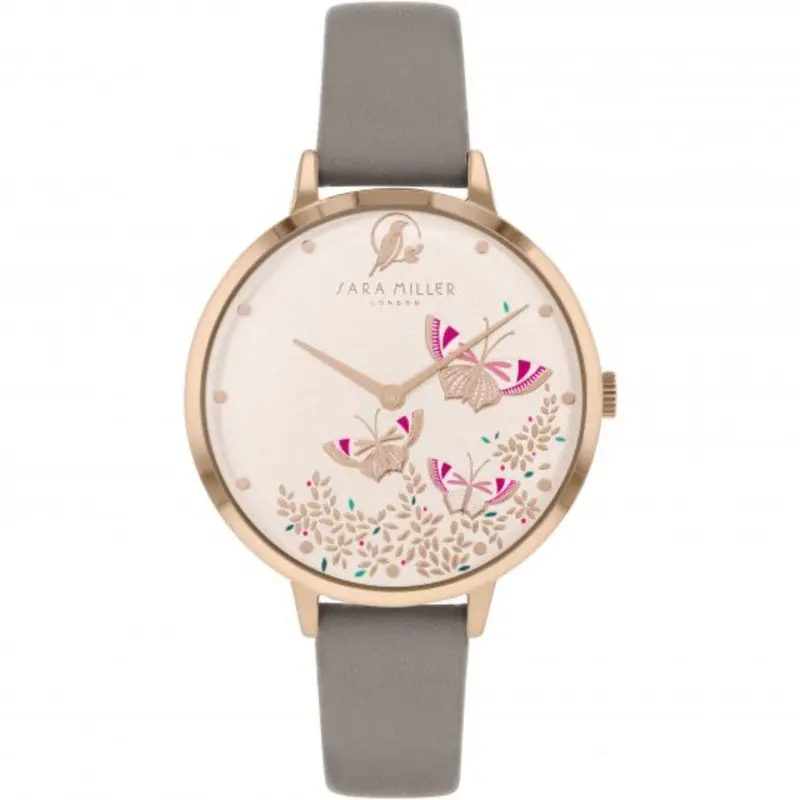 Sara Miller Ladies Gray Leather Strap Butterfly Dial Watch Sa2080 1