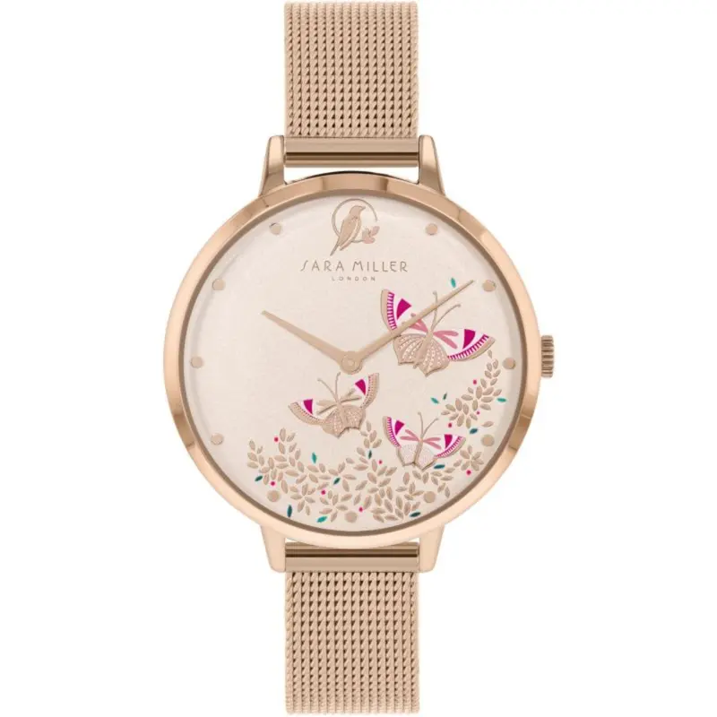 Sara Miller Rose Gold Stainless Steel Mesh Strap Butterfly Dial Women's Watch Sa4060 1