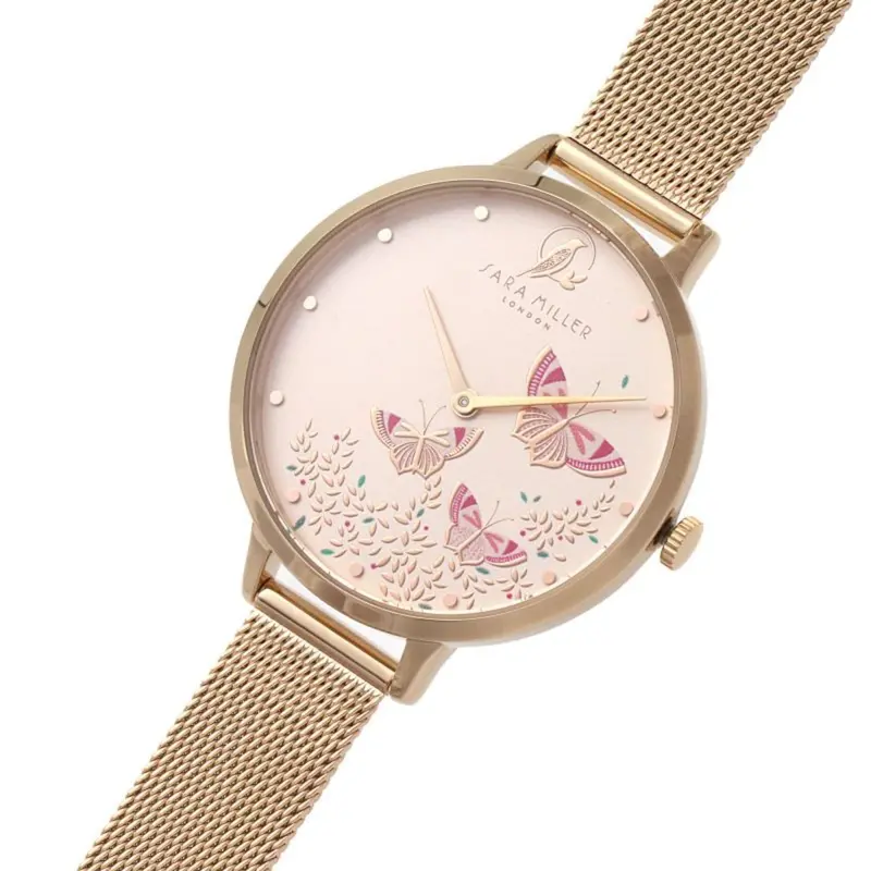 Sara Miller Rose Gold Stainless Steel Mesh Strap Butterfly Dial Women's Watch Sa4060 2