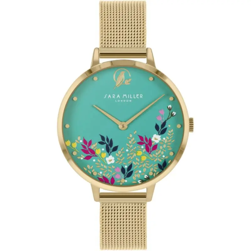Sara Miller Sa4082 Floral Green Floral Dial Gold Mesh Women's Watch 1