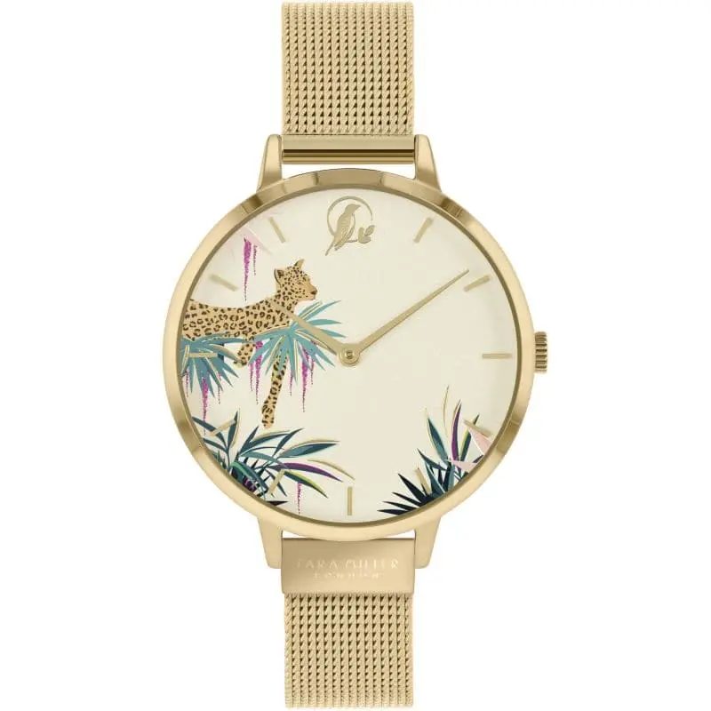 Sara Miller Tahiti Ladies Pale Gold Stainless Steel Mesh Strap Leopard Dial Watch Sa4064 1