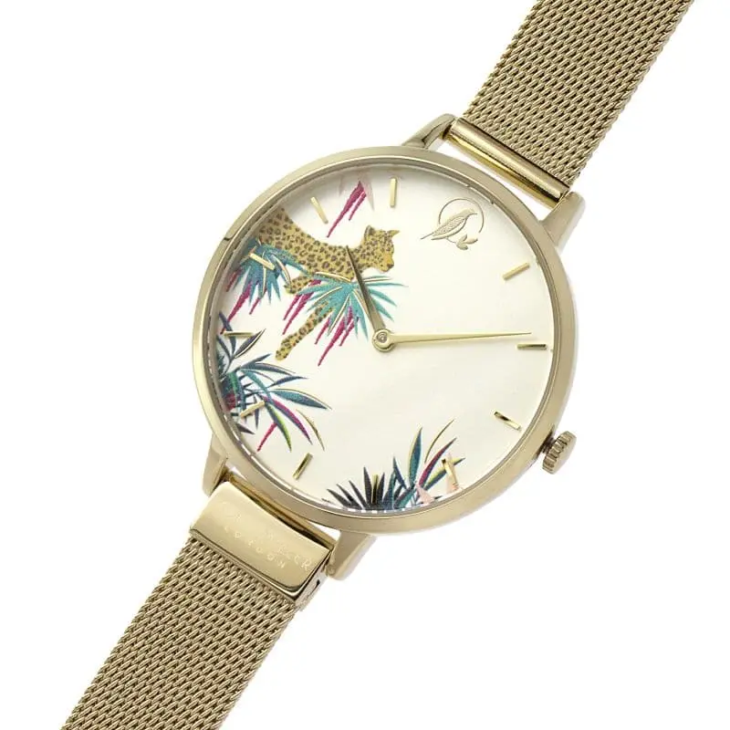 Sara Miller Tahiti Ladies Pale Gold Stainless Steel Mesh Strap Leopard Dial Watch Sa4064 2