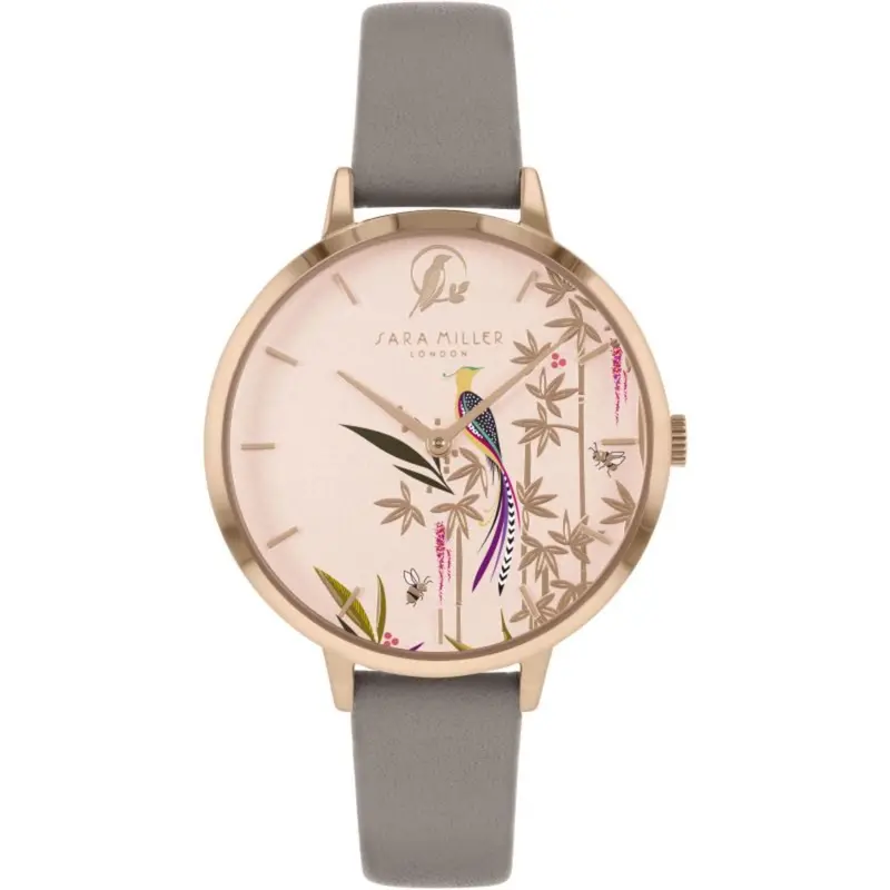 Sara Miller Tropical Rose Gold Bezel Grey Leather Women's Watch Sa2094 1