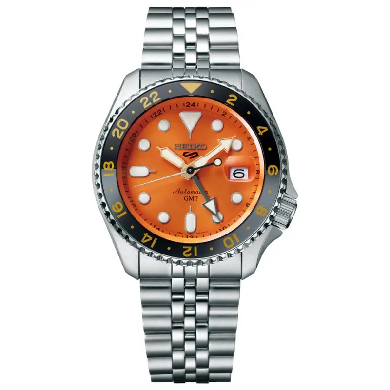 Seiko 5 Gmt Orange Dial Silver Stainless Steel Strap Men Watch Ssk005k1p 1