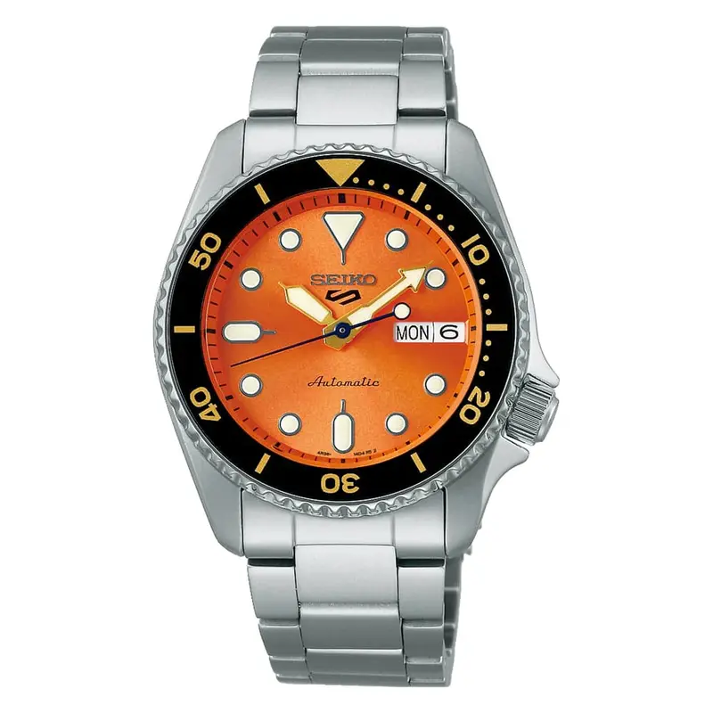 Seiko 5 Orange Dial Silver Stainless Steel Strap Men Watch Srpk35k1 1