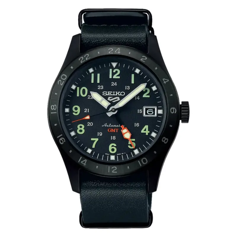 Seiko 5 Sports Gmt Automatic Black Dial & Leather Strap Men Watch Ssk025k1p 1