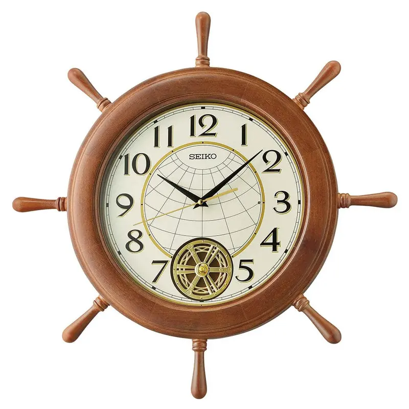 Seiko Analog Maritime Ship Wheel Design Brown Wooden Case Pendulum Wall Clock Qxc242b 1