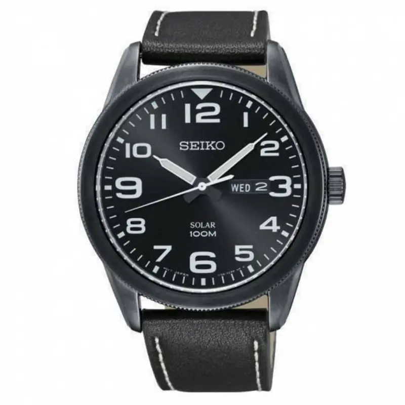 Seiko General Sne477p1 Solar Black Leather Strap Men's Watch 1