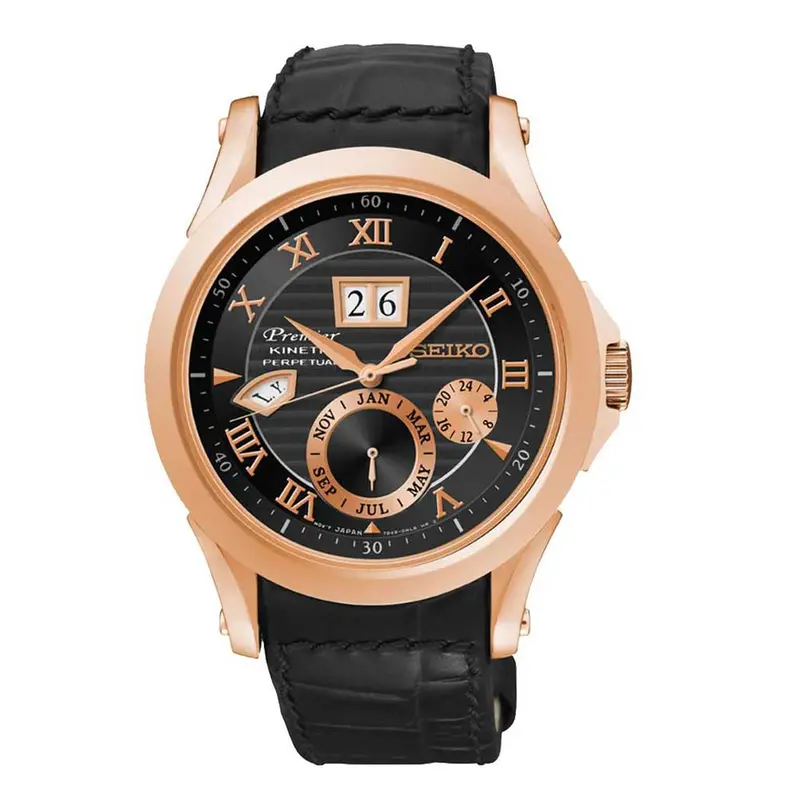 Seiko Premier Kinetic Snp084p1 Men's Black Leather Strap Watch 1