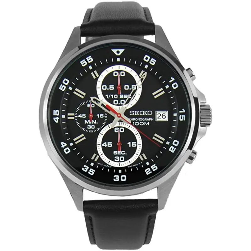 Seiko Sks635p1 Chronograph Black Leather Strap Watch 1