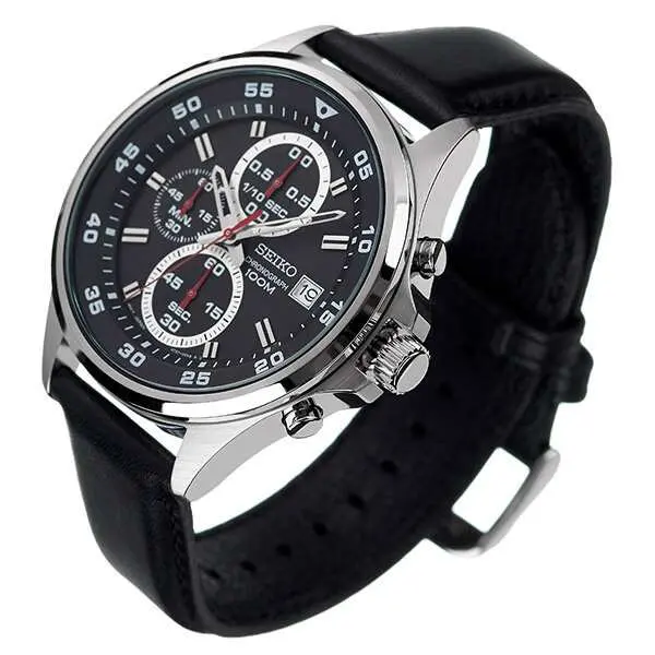 Seiko Sks635p1 Chronograph Black Leather Strap Watch 2