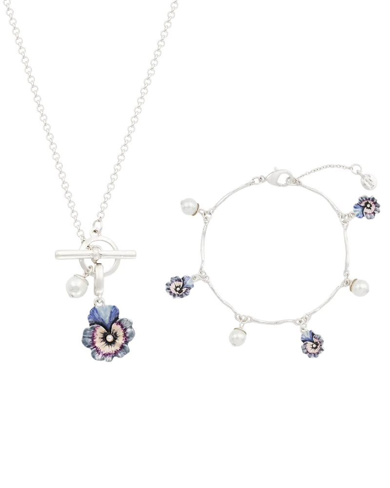 Silver Pansy & Pearl Toggle Necklace & Charm Bracelet Set 1