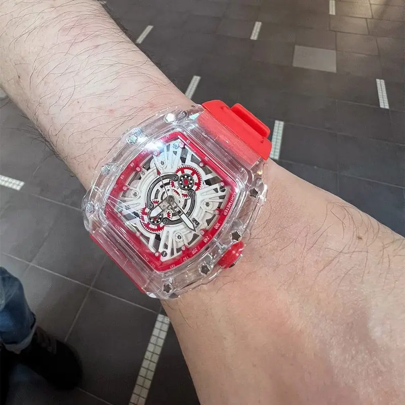 Skeleton Dial Red Silicone Strap Men Watch H2-9178G-Tr-Rd 1