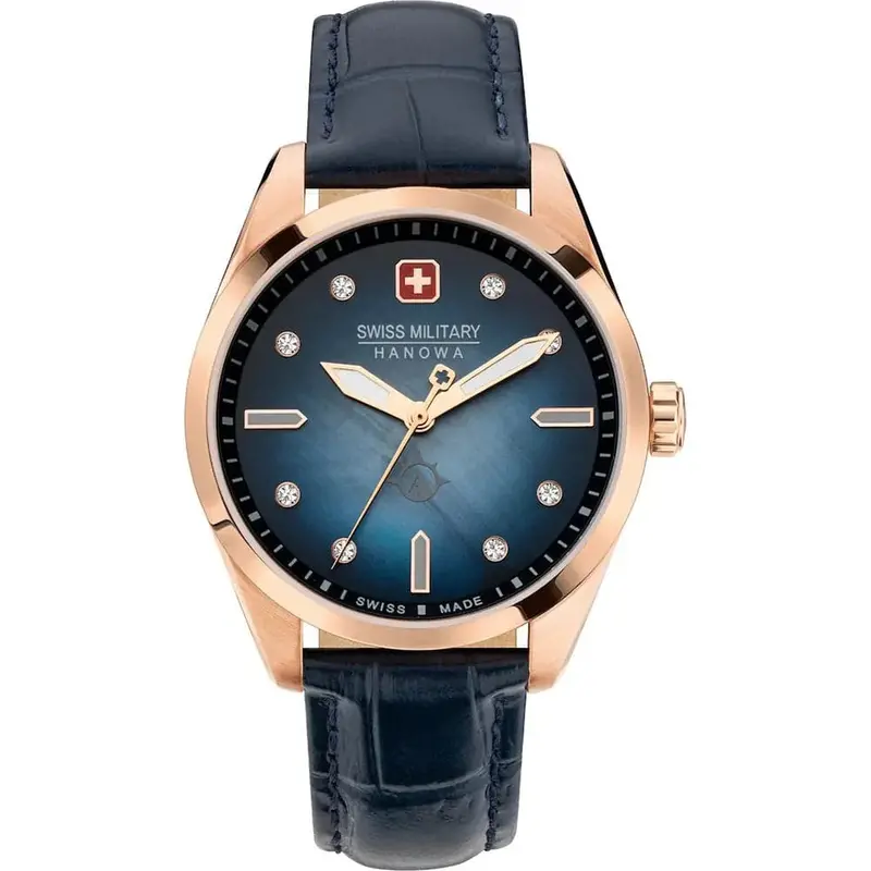 Swiss Military Hanowa Mountain Crystal Blue Leather Strap Women Watch Smwla2100820 1