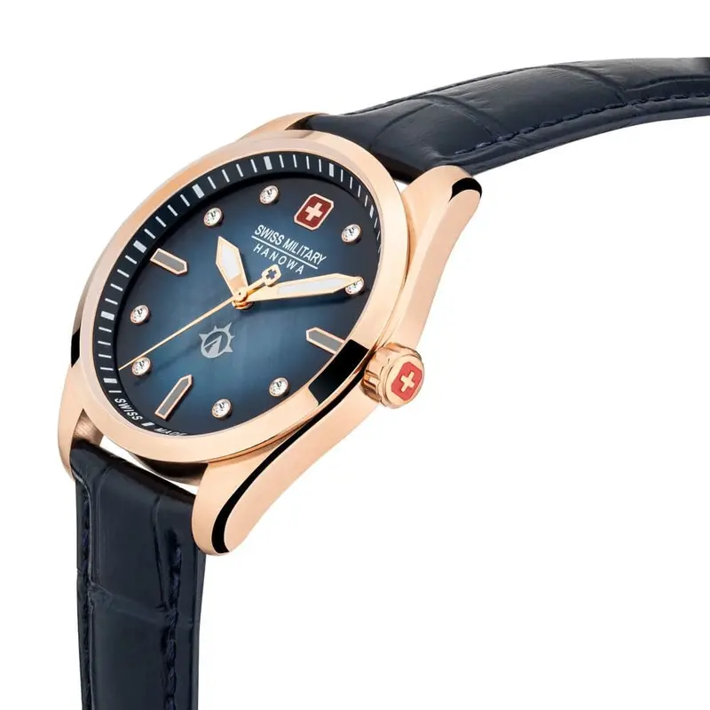 Swiss Military Hanowa Mountain Crystal Blue Leather Strap Women Watch Smwla2100820 2