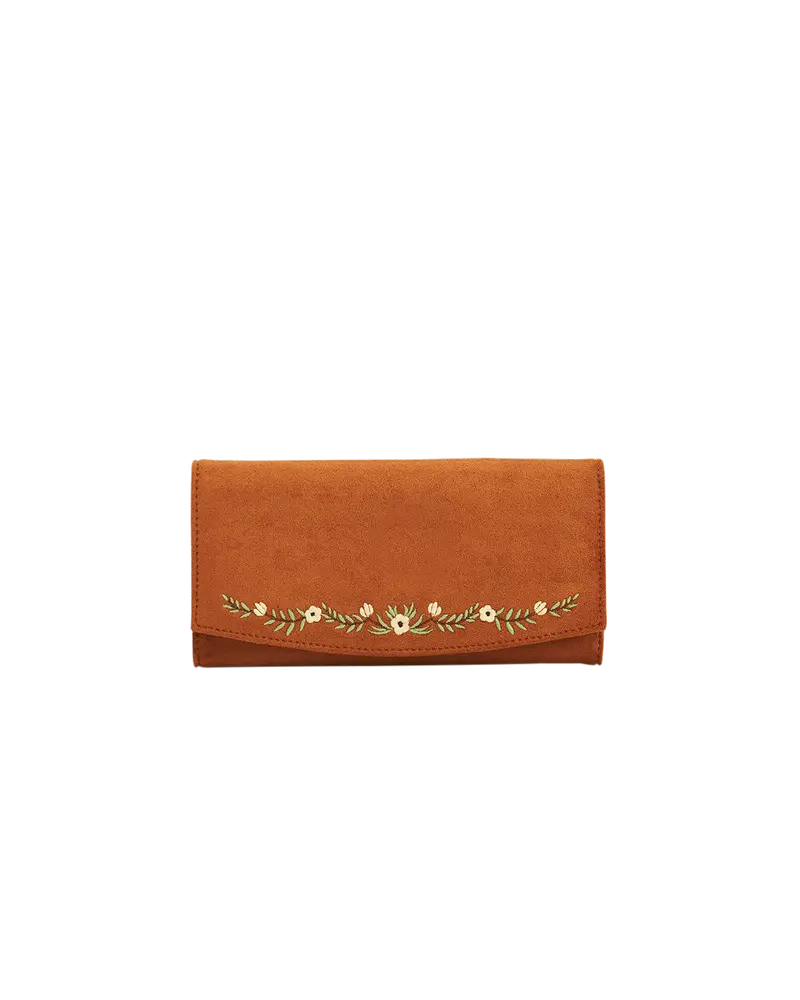 Tan Floral Embroidered Purse Large 1
