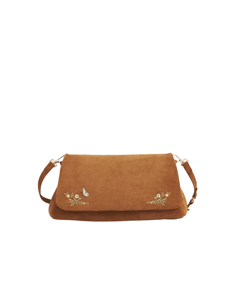 Tan Floral Embroidered Shoulder Bag 1