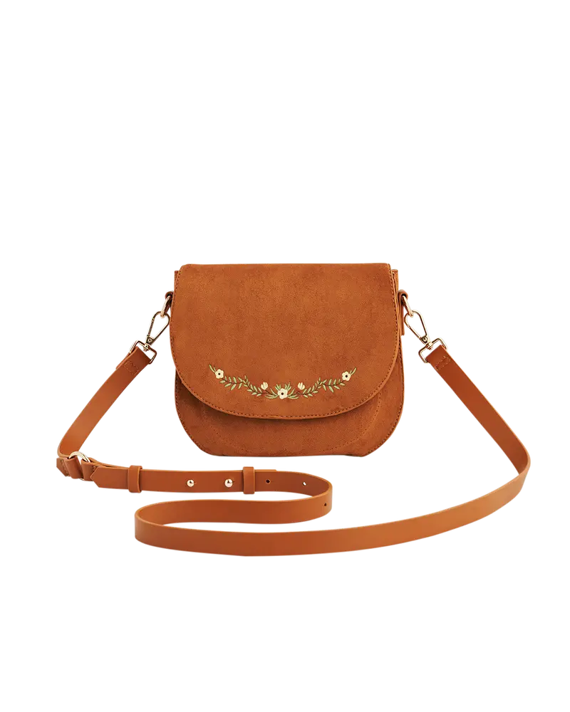 Tan Floral Faux Suede Embroidered Saddle Bag 1