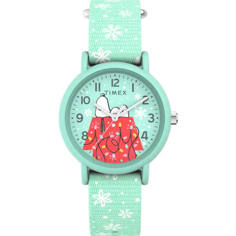 Timex Peanuts Holiday Green Fabric Strap Unisex Watch Tw2w24700 1