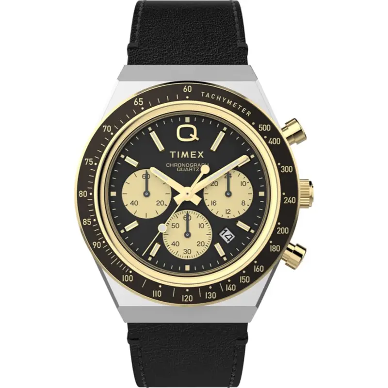 Timex Q Chronograph Black Leather Strap Men's Watch Tw2w64300 1