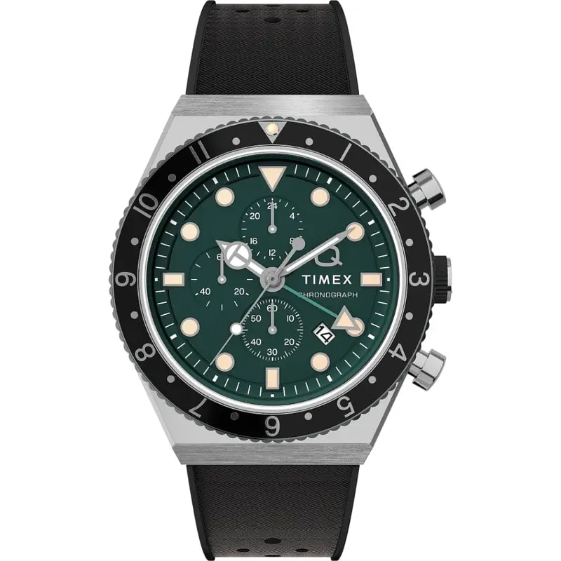 Timex Q Chronograph Green Dial Black Silicone Strap Men Watch Tw2v70200 1