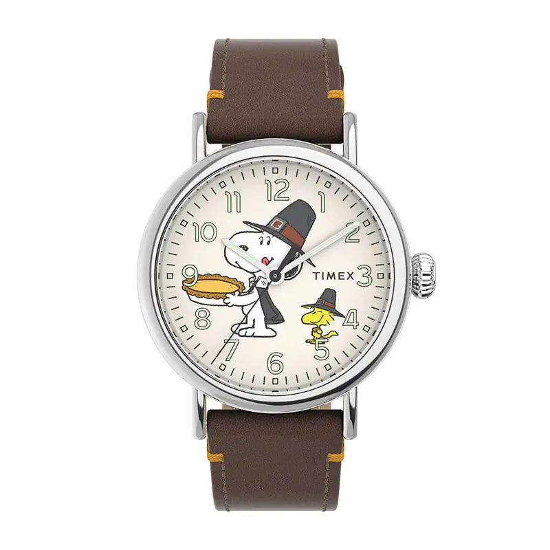 Timex Standard Peanuts Brown Leather Strap Unisex Watch Tw2v60100 1